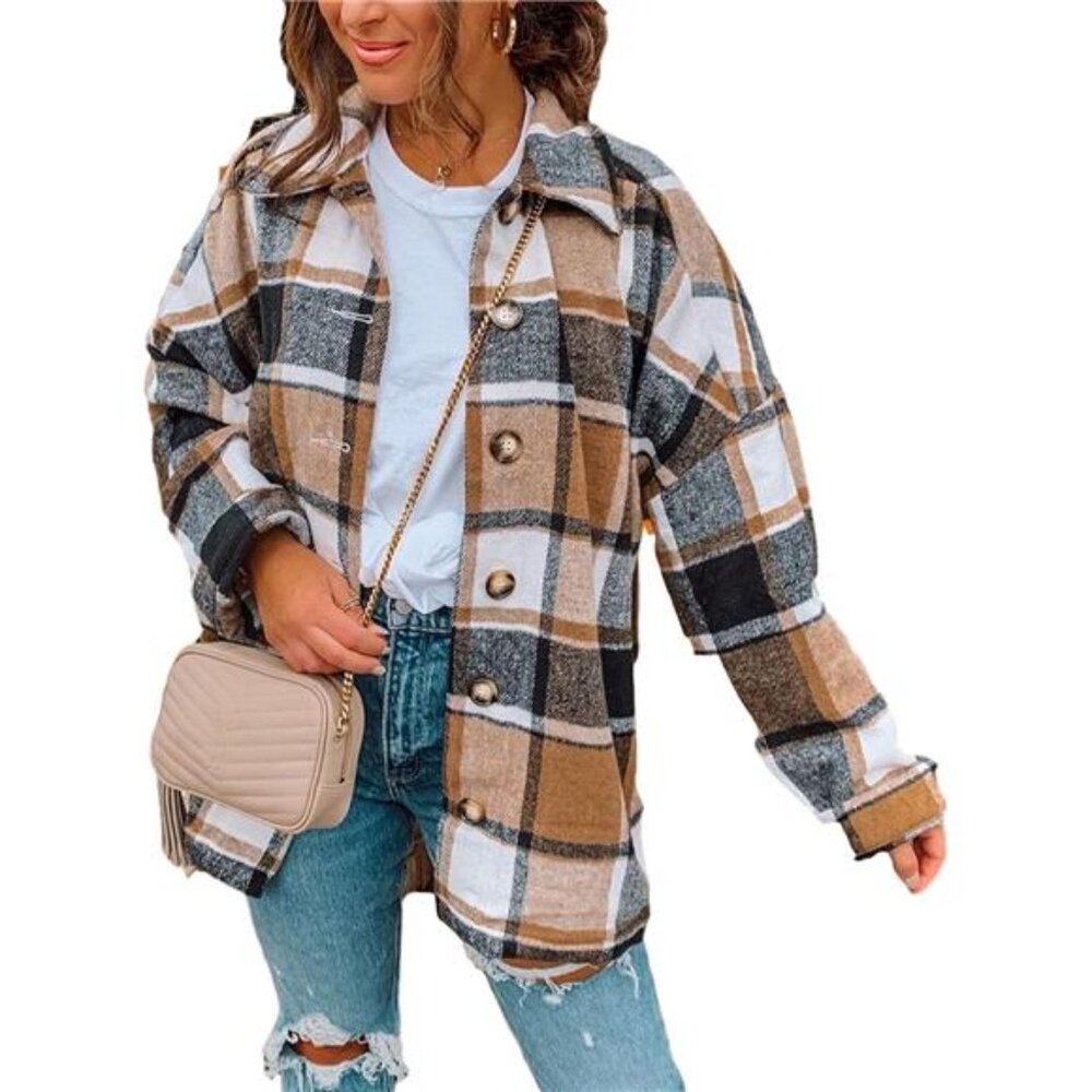 Women's Fall Color Block Plaid Flannel Shacket Jacket Button Down Shirt